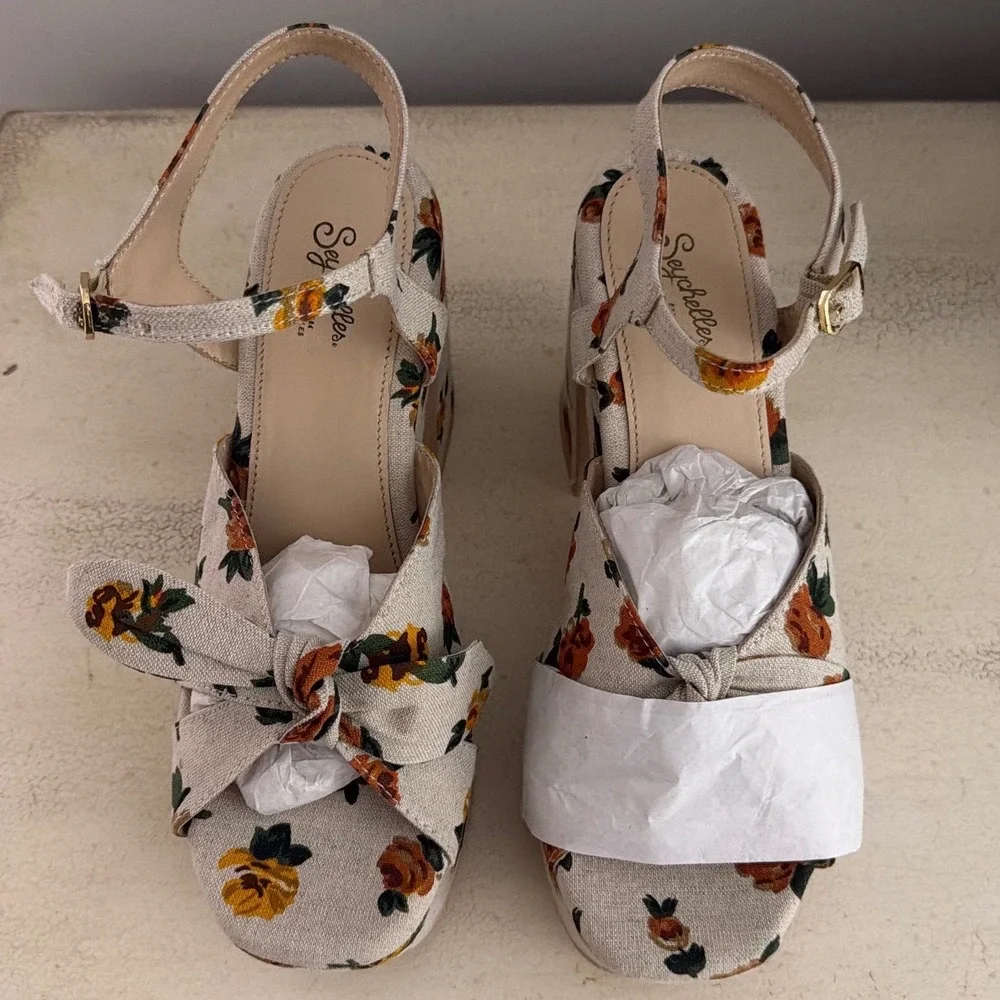 Seychelles Floral Fabric Platform Block Heel Sandals Cream Multi Size 10